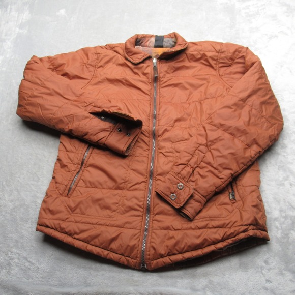 Prana Jacket Mens Medium Orange Plaid Pockets Reversible Full Zip Quilted Puffer - Picture 1 of 15